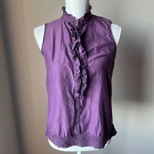 Cleo Purple High Neck Ruffle Front Sleeveless Top Smocked Hem